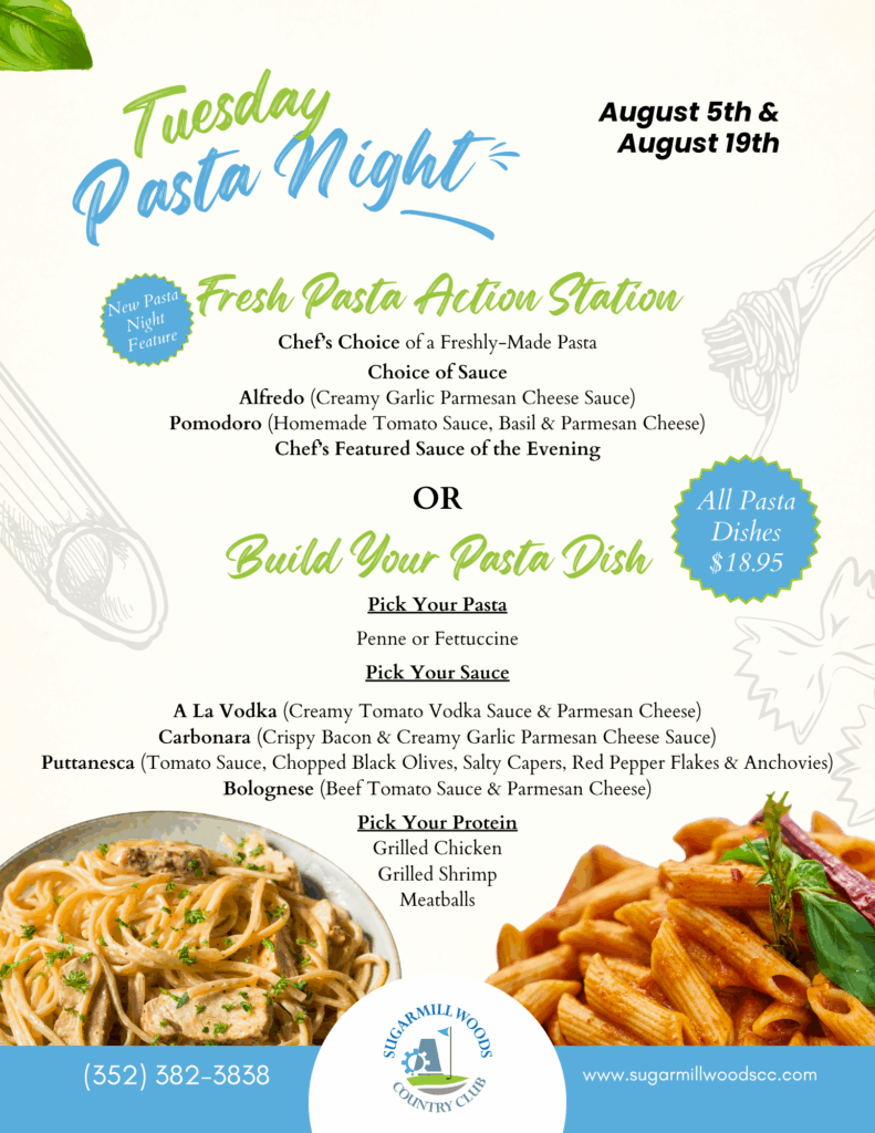 Sugarmill Woods August Pasta Nights 2025 - Flyer