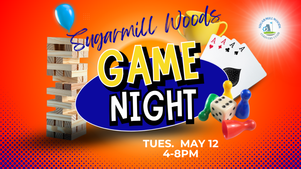 game nighr, jenga, cards, dice, gameboard pieces